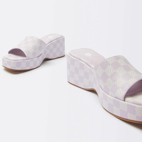 ASOS Bershka Checkerboard Wedge Mule Platform Sandals Slides Shoes Lilac Size 8 - Picture 7 of 7